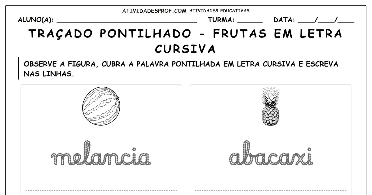 Traçado pontilhado - frutas em letra cursiva