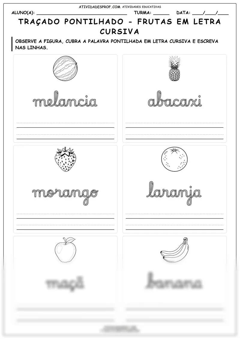Traçado pontilhado - frutas em letra cursiva
