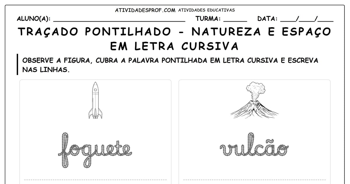 Traçado pontilhado - natureza e espaço em letra cursiva