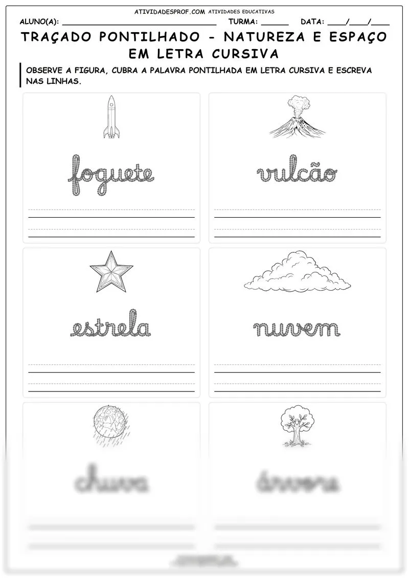 Traçado pontilhado - natureza e espaço em letra cursiva