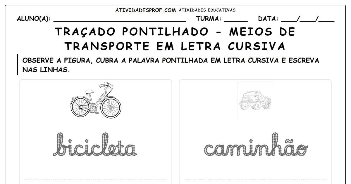 Traçado pontilhado - meios de transporte em letra cursiva