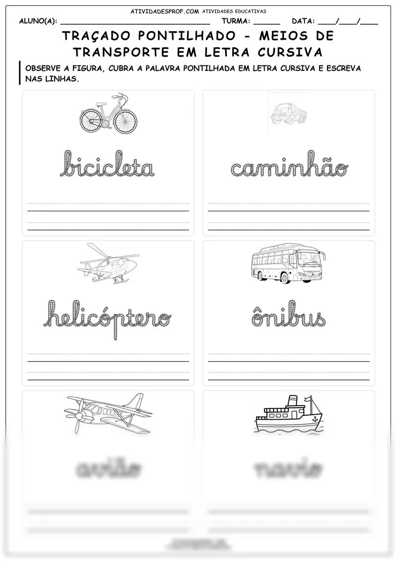 Traçado pontilhado - meios de transporte em letra cursiva