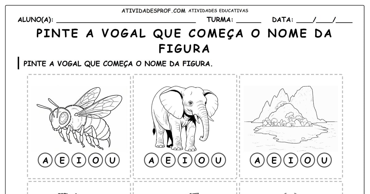 Pinte a vogal que começa o nome da figura